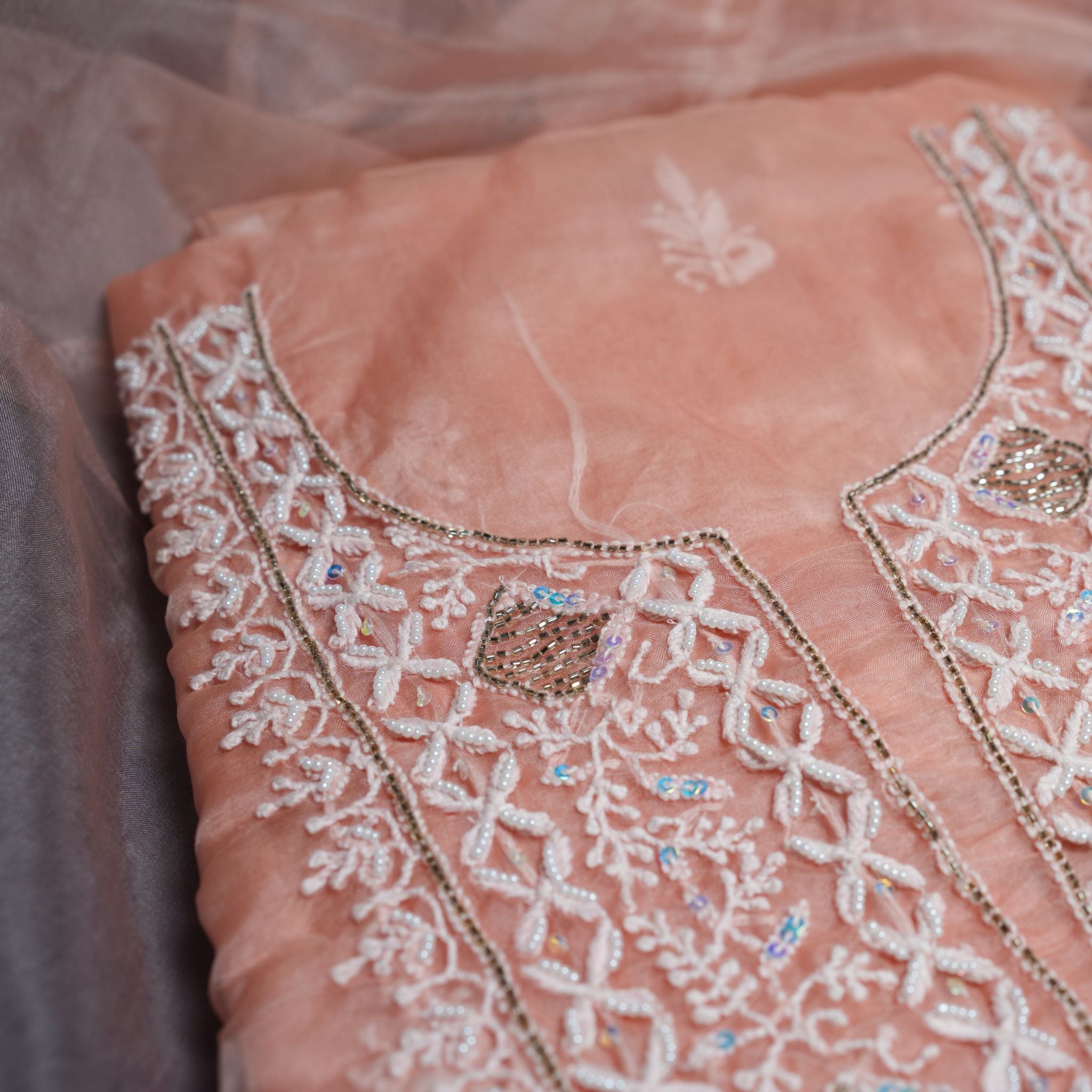 Premium Organza Lucknowi Chikankari Hand-Embroidered Suit Set (Peach Pastel)
