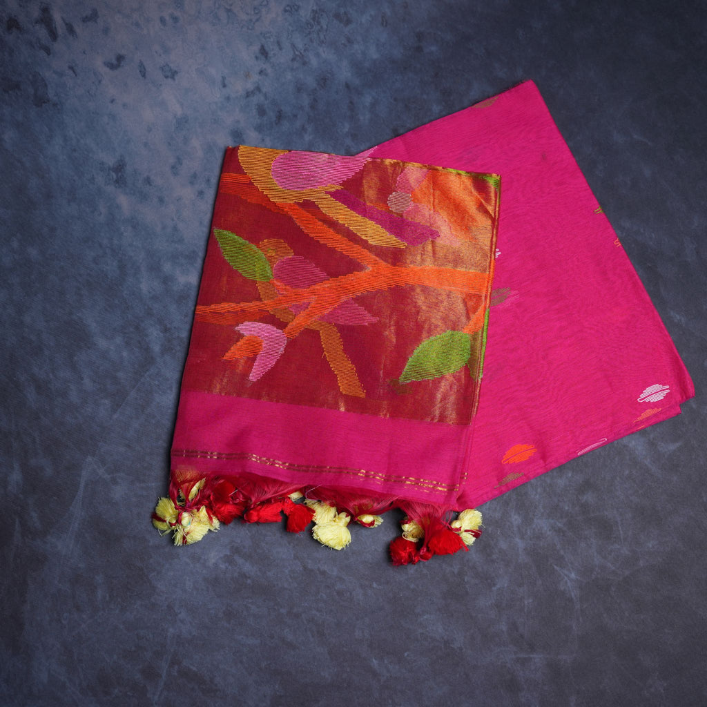 Muslin Jamdani Handwoven Suit Set with Multicolour Artistic Motifs & Tassel Dupatta (Pink Base)