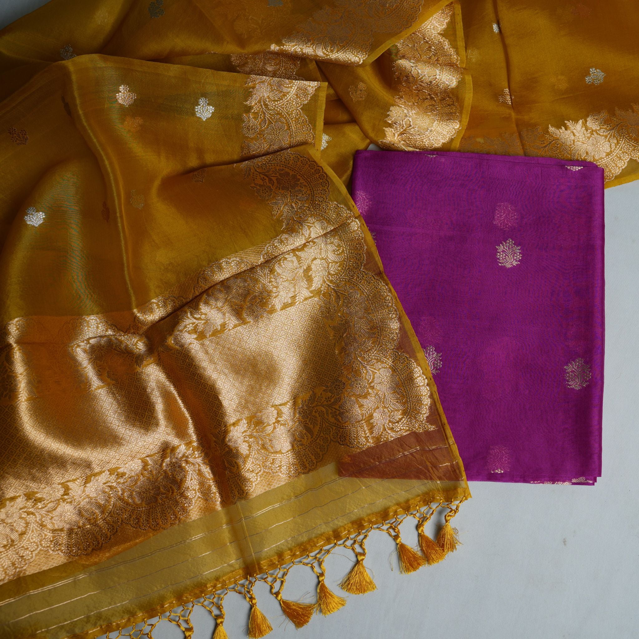 Luxury Banaras Handloom Kora Silk 2-Pc Suit Set with Gold Zari Weave