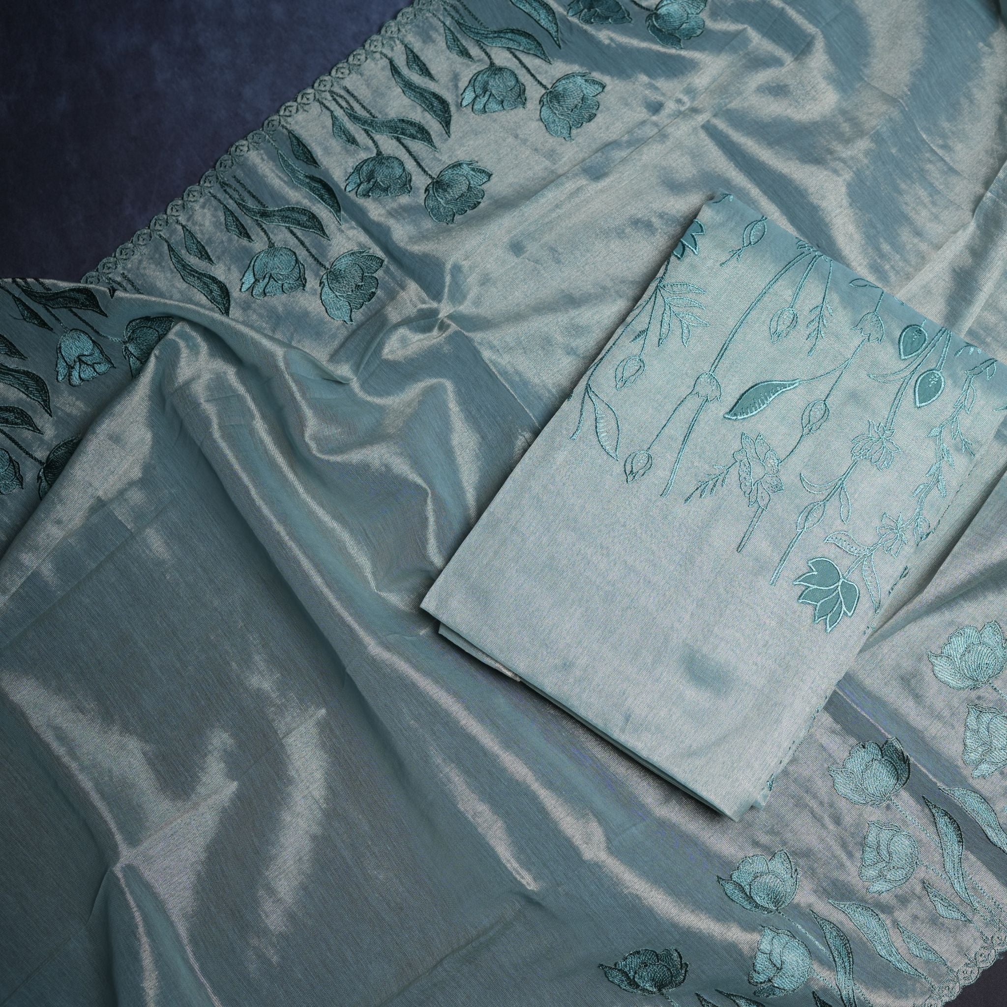 Premium Tissue Silk Embroidered 3-Piece Suit Set with Floral Thread Work (Pastel Aqua)