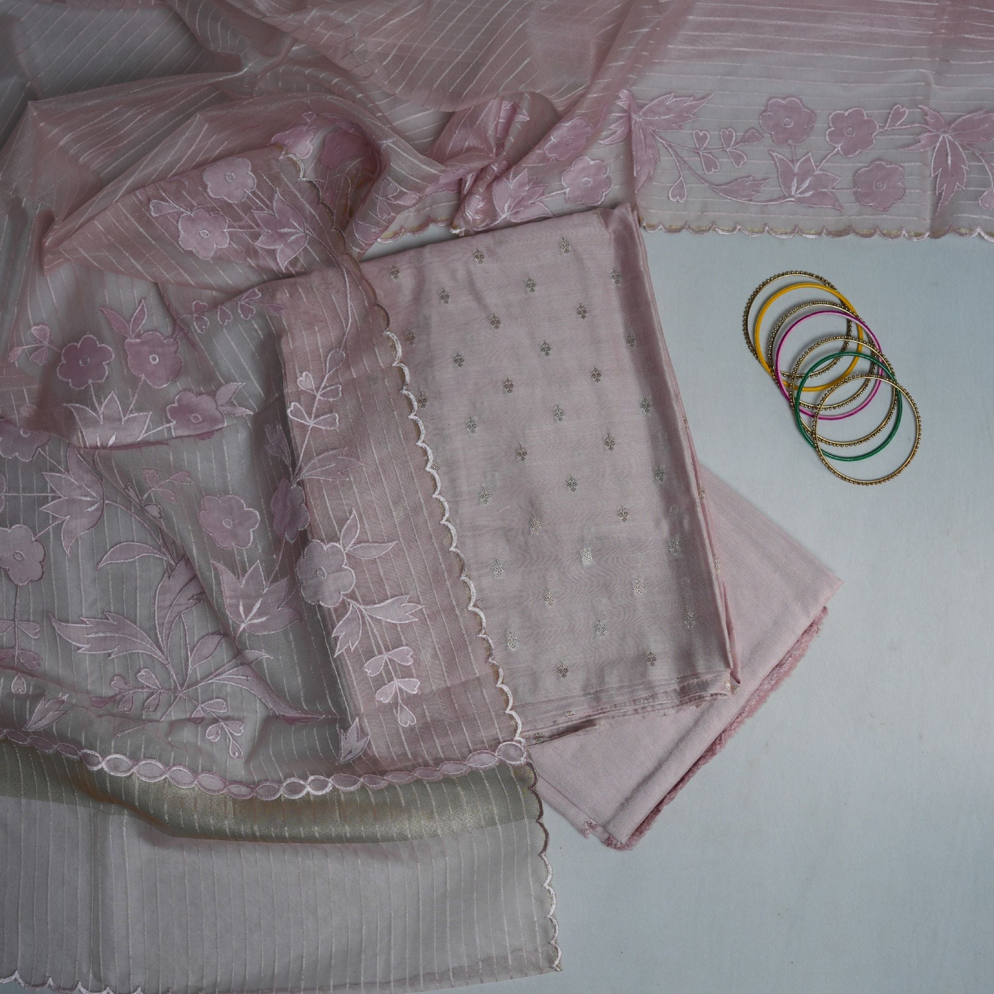 Elegant Pastel Chanderi 3-Piece Suit Set – Organza Dupatta & Opada Bottom