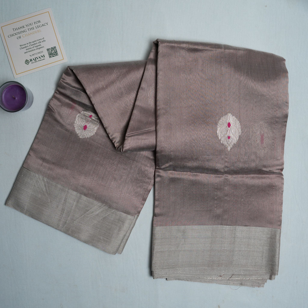 Smokey Mauve Pure Soft Silk Chanderi Handloom Saree with Silver Zari Booti & Contrast Border