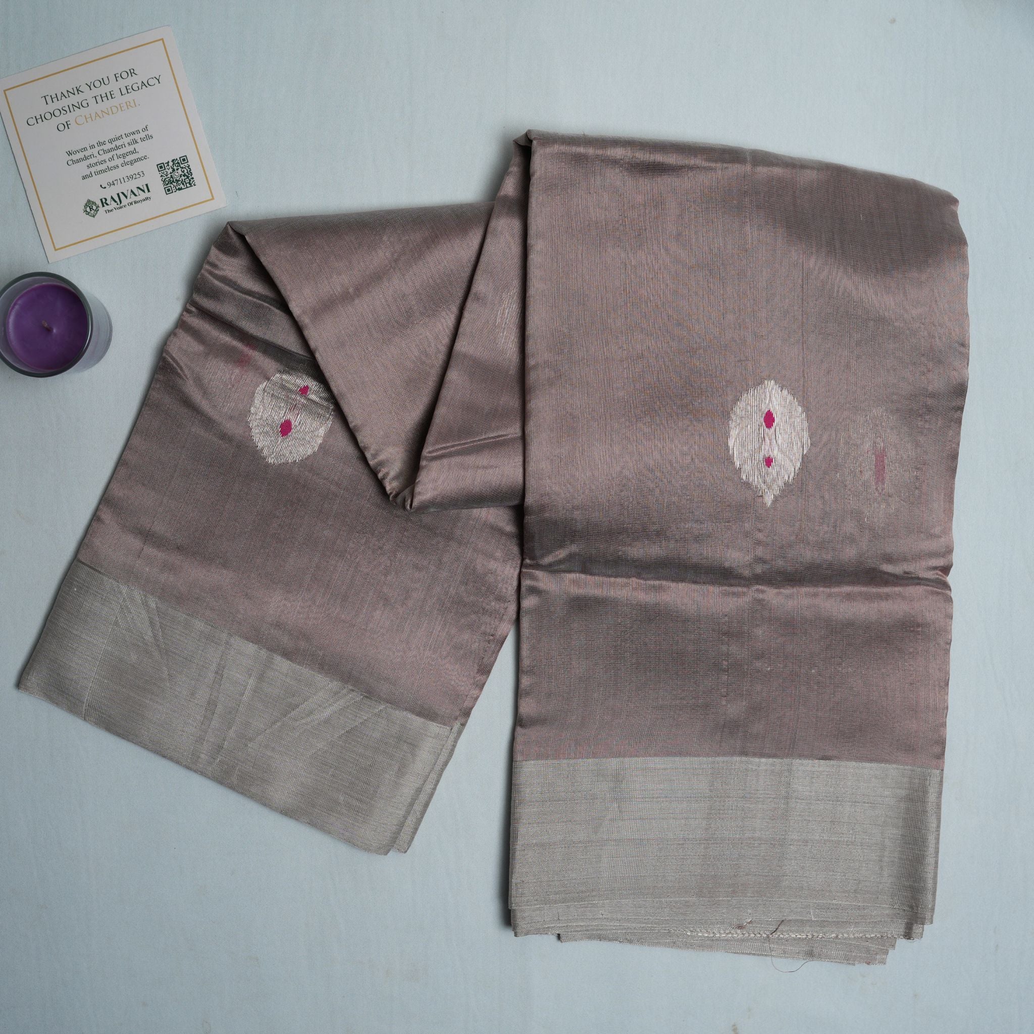 Smokey Mauve Pure Soft Silk Chanderi Handloom Saree with Silver Zari Booti & Contrast Border