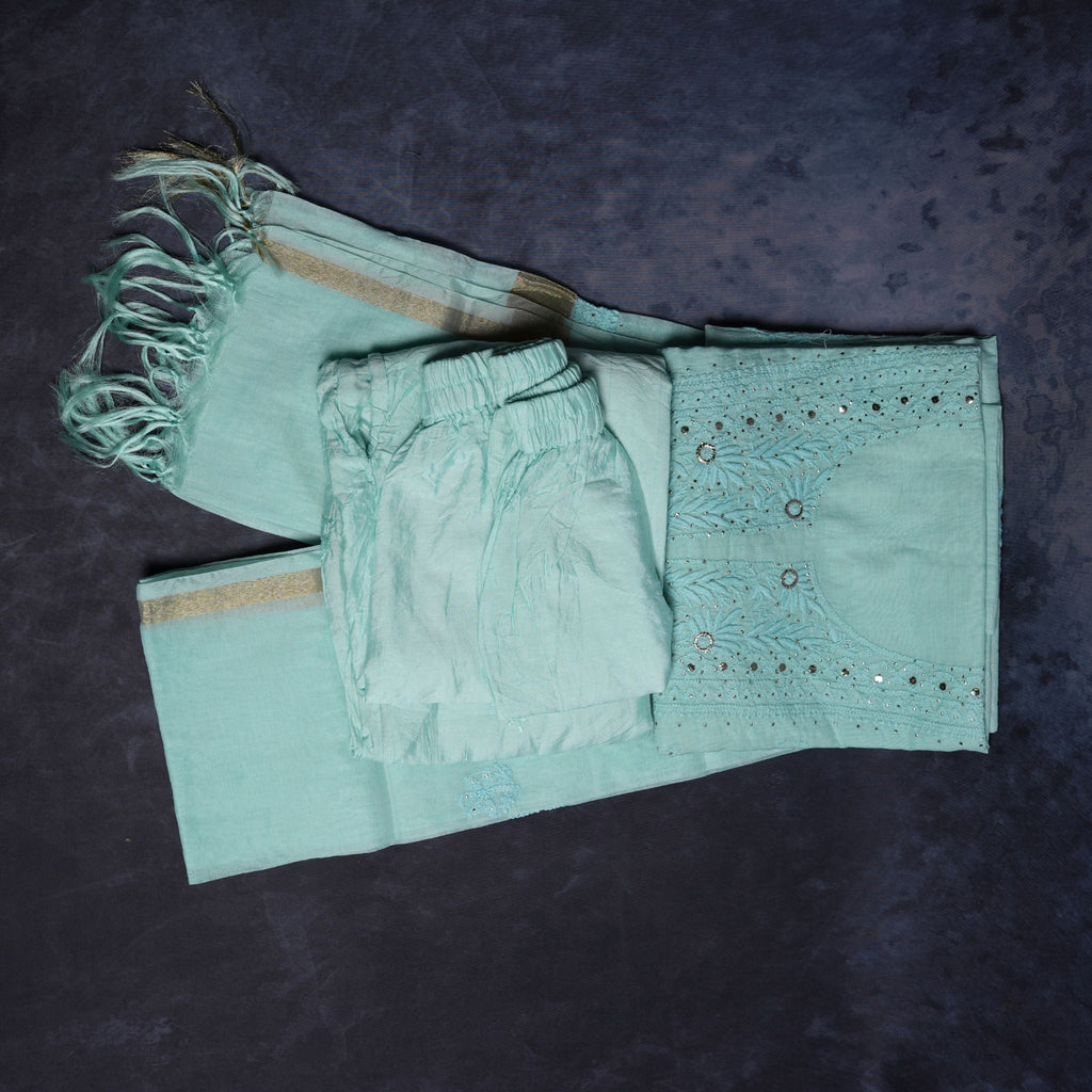Lucknowi Chikankari Handwork Cotton Suit Set with Dupatta – Pastel Aqua Green