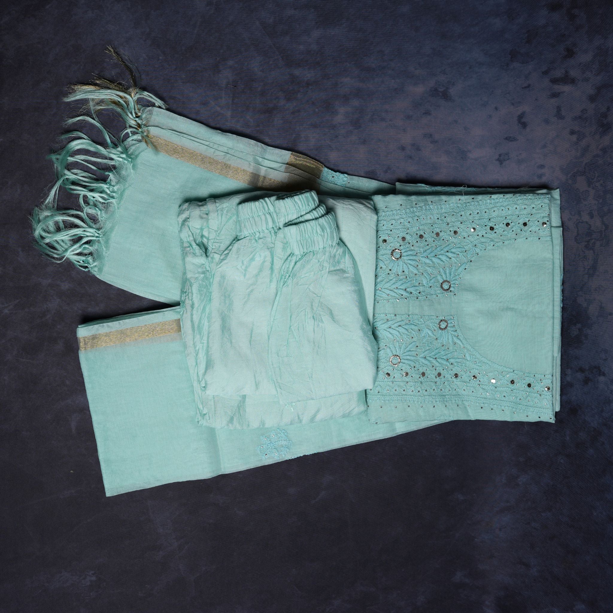 Lucknowi Chikankari Handwork Cotton Suit Set with Dupatta – Pastel Aqua Green