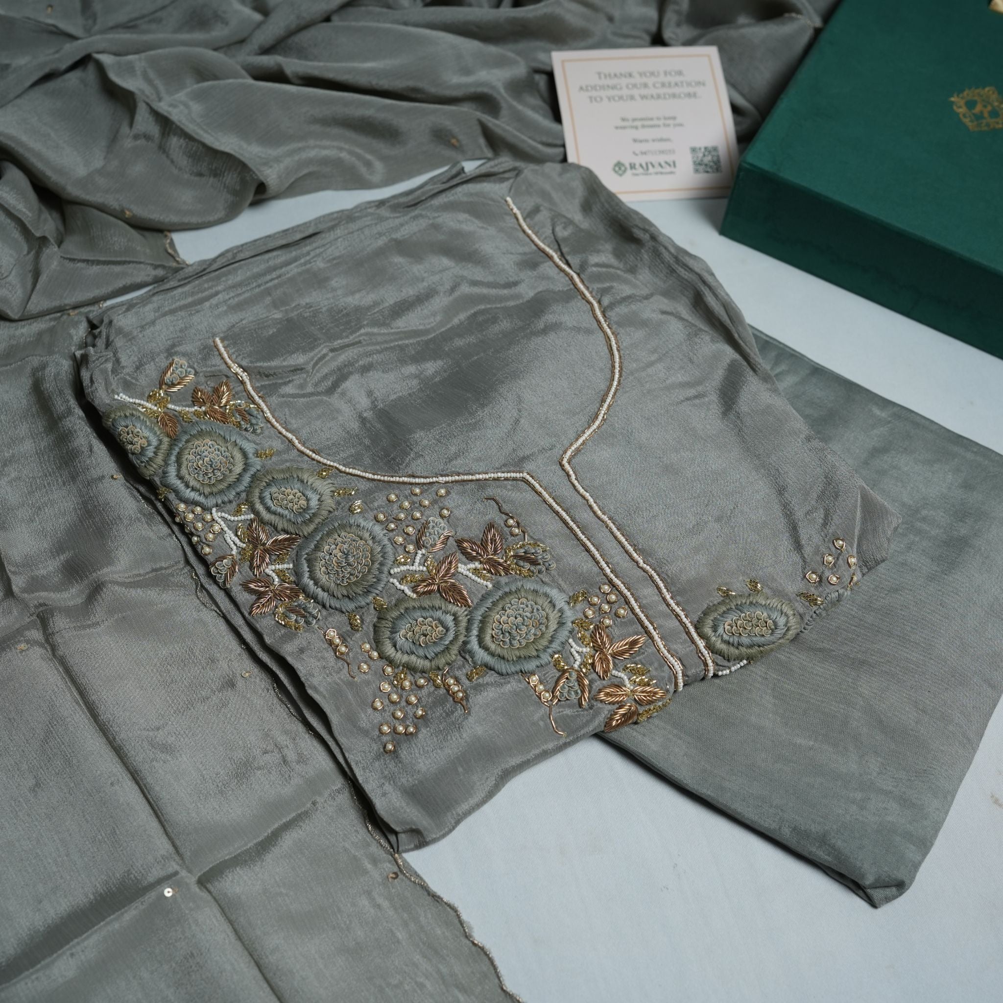 Elegant Sage Grey Chinon 3-Piece Suit Set with Taffeta Bottom