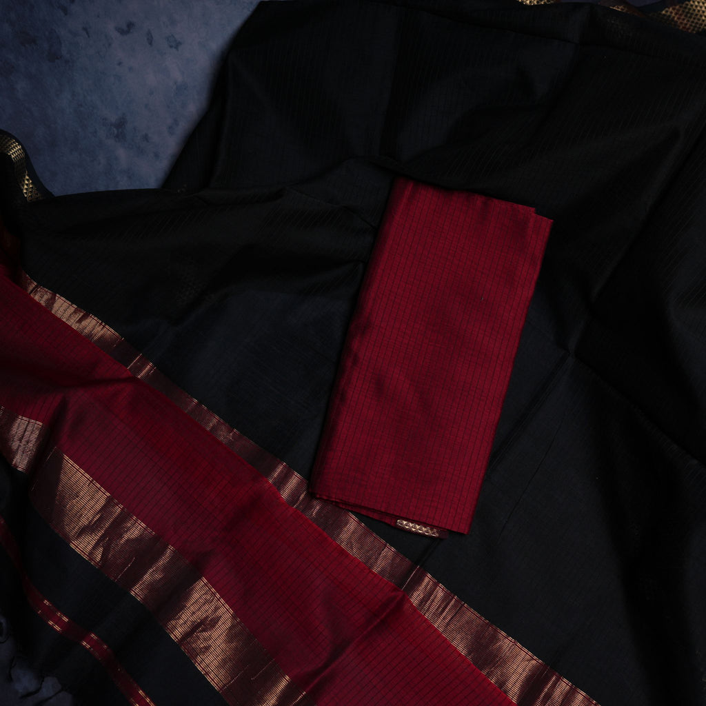 Maheshwari Handloom 2-Piece Suit Set in Black & Maroon with Zari Woven Border