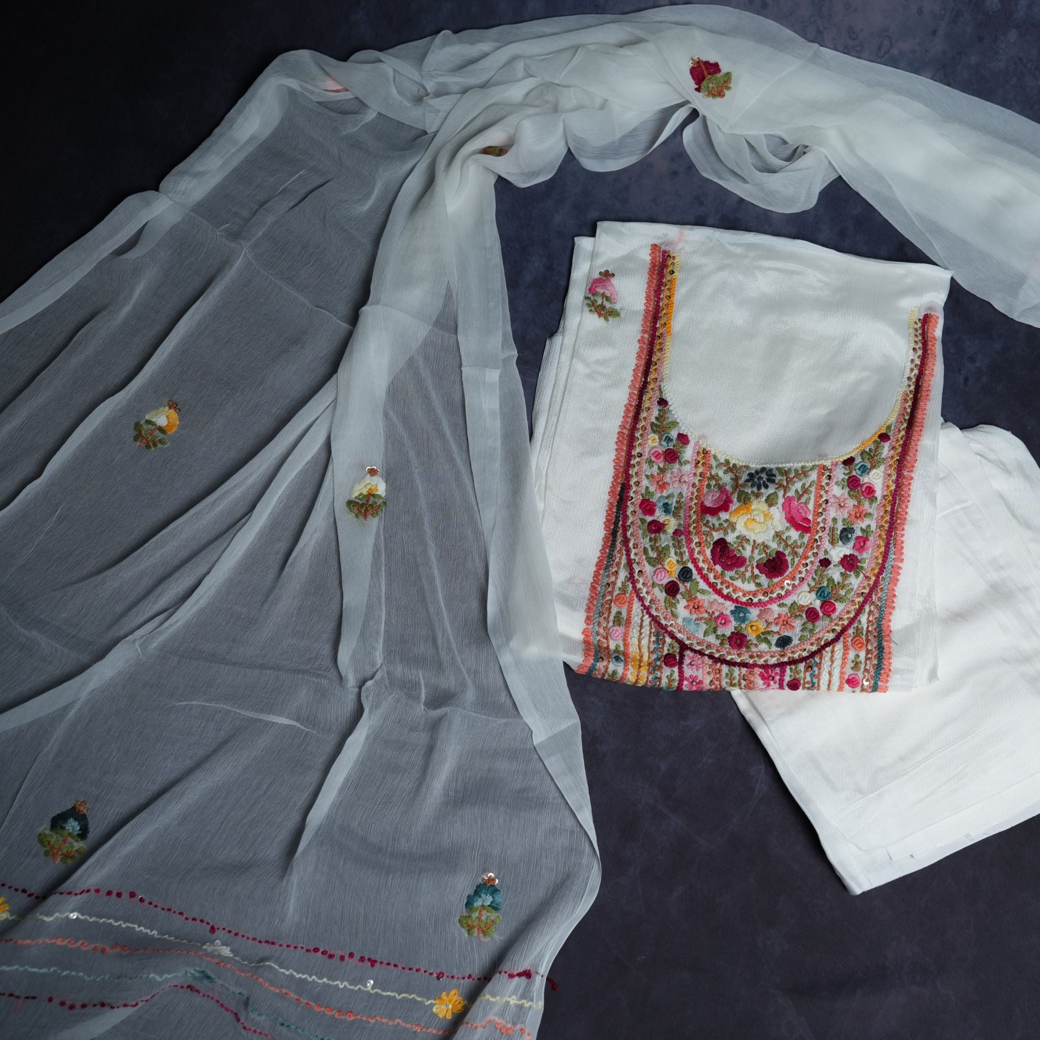 White Chinon 3-Piece Suit Set with Heavy Multicolor Thread Embroidery