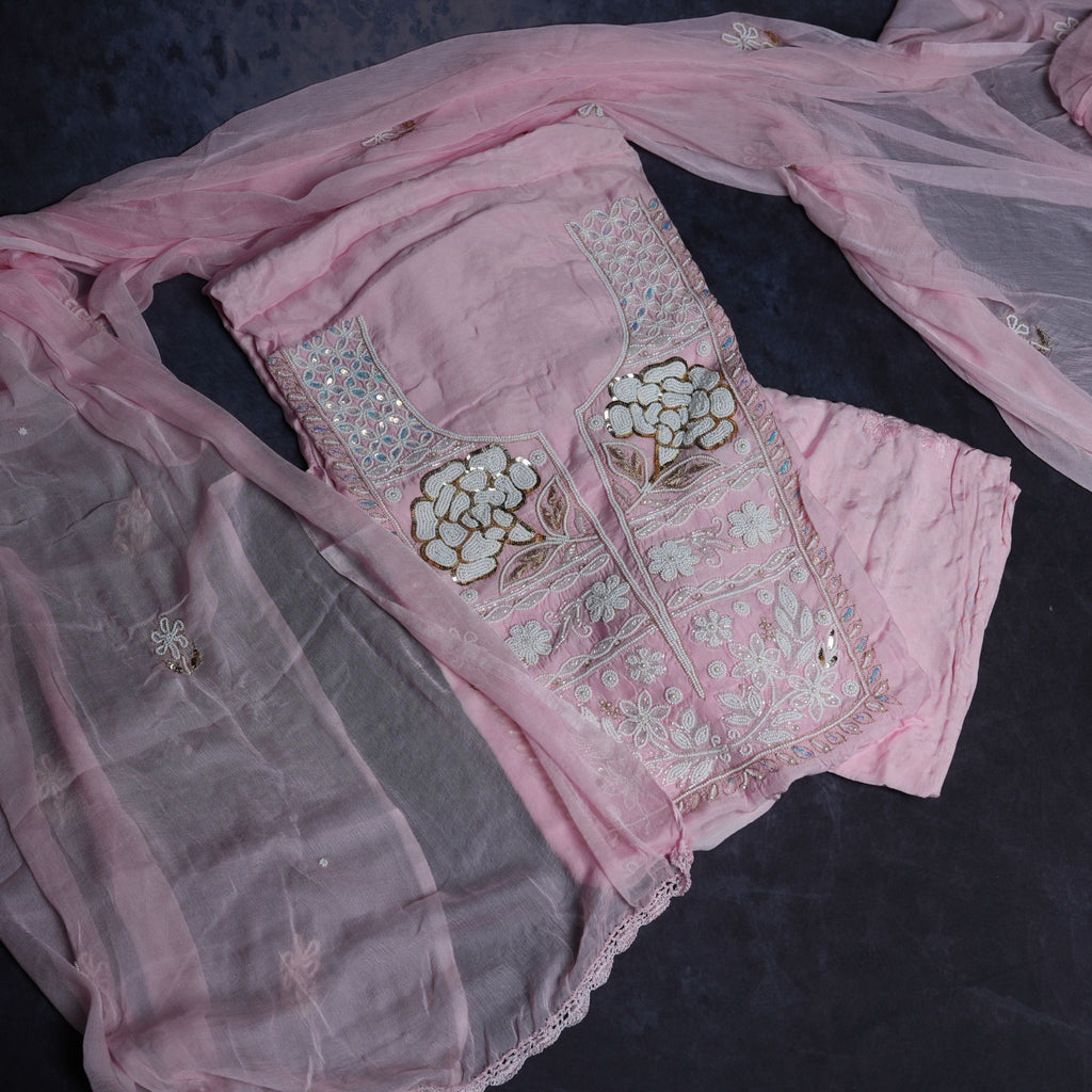 Lucknowi Chikankari Handwork 3-Piece Suit Set in Pastel Pink