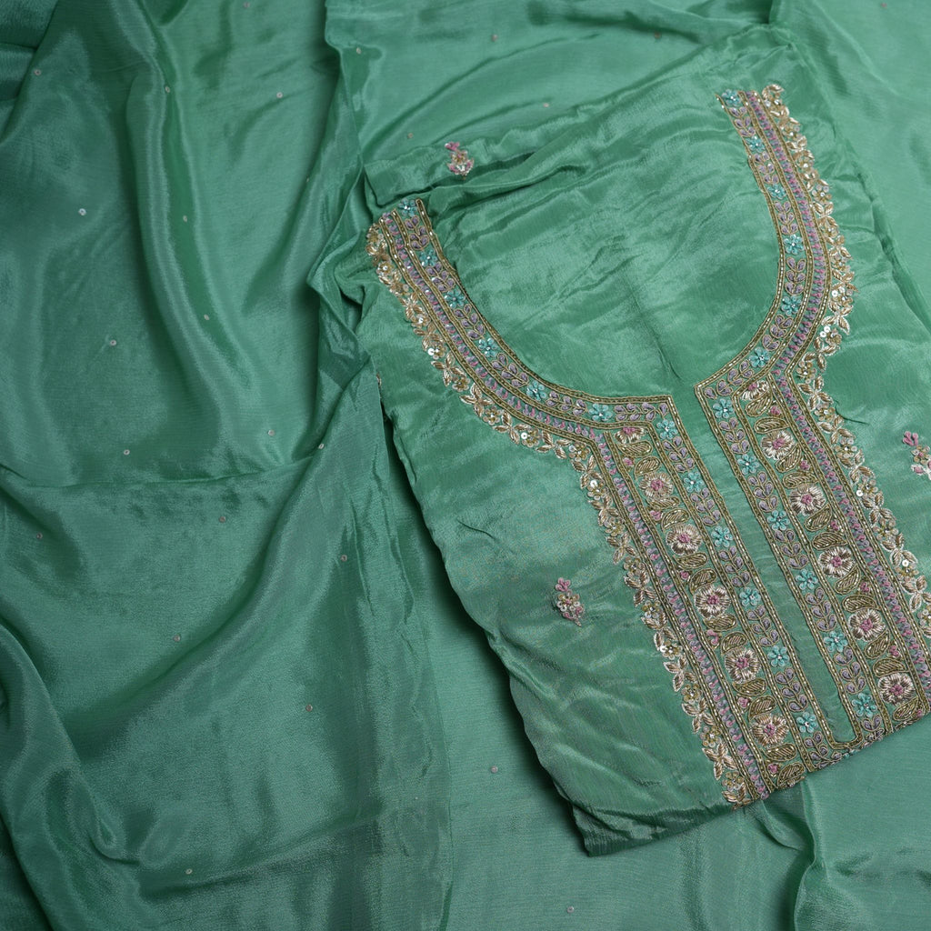 Designer Chinon 3-Piece Suit Set in Green with Hand Embroidered Neckline