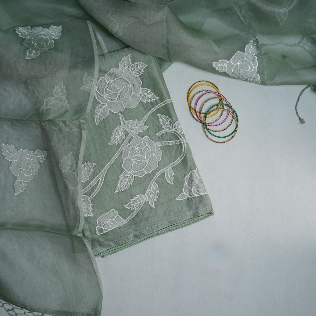 Pastel Green Rose Embroidered Organza Suit Set