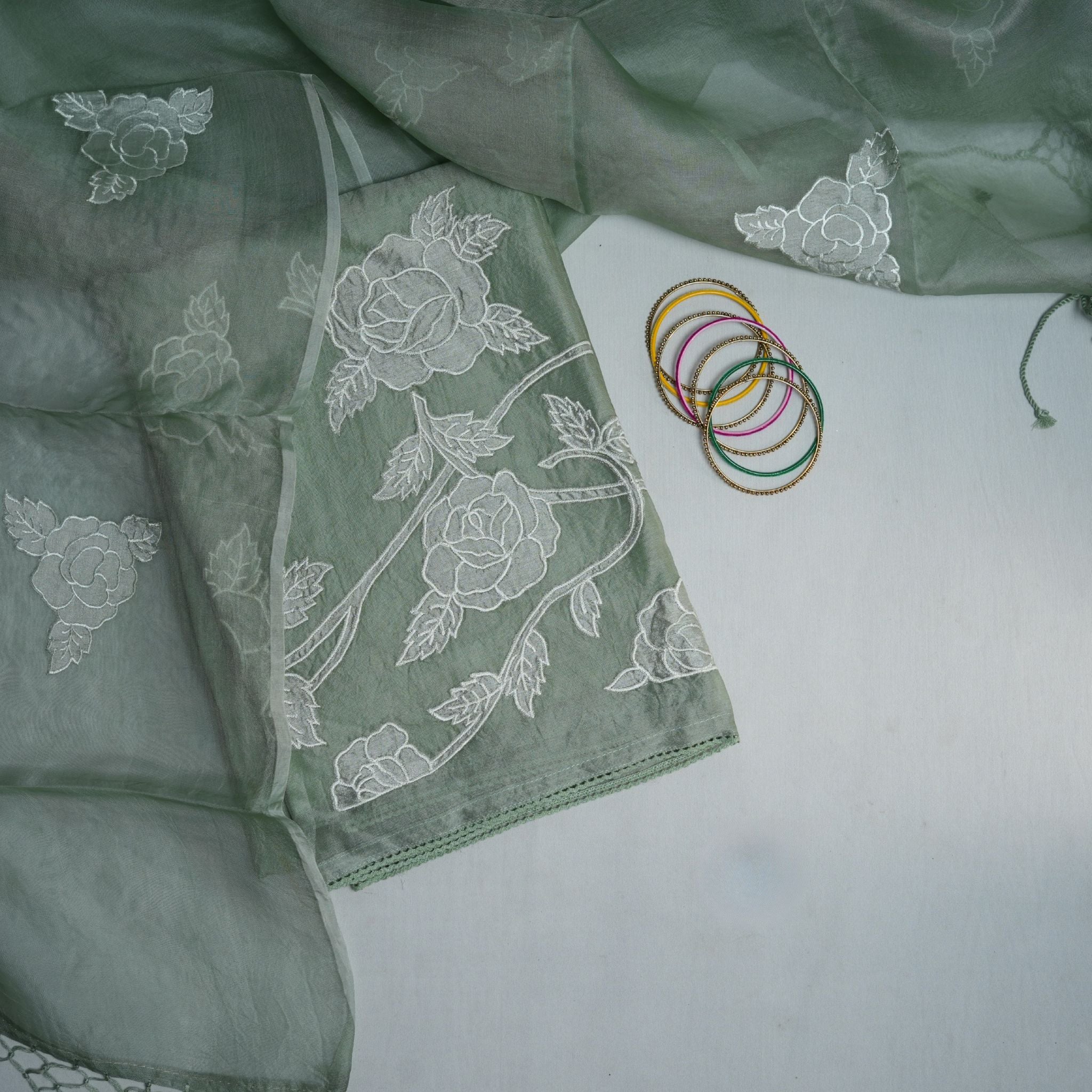 Pastel Green Rose Embroidered Organza Suit Set