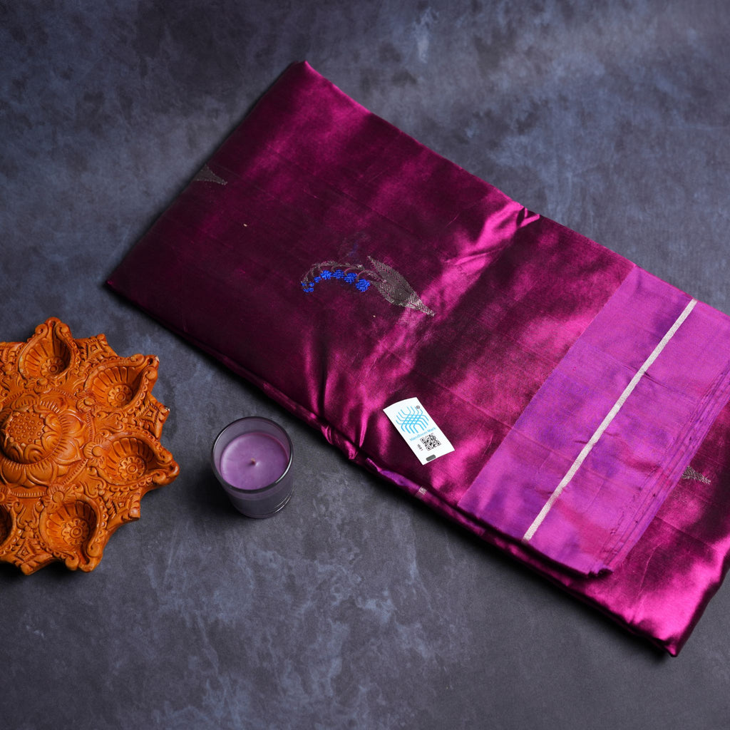 Wine Magenta Pure Soft Silk Chanderi Handloom Saree with Blue Zari Motifs & Purple Contrast Border