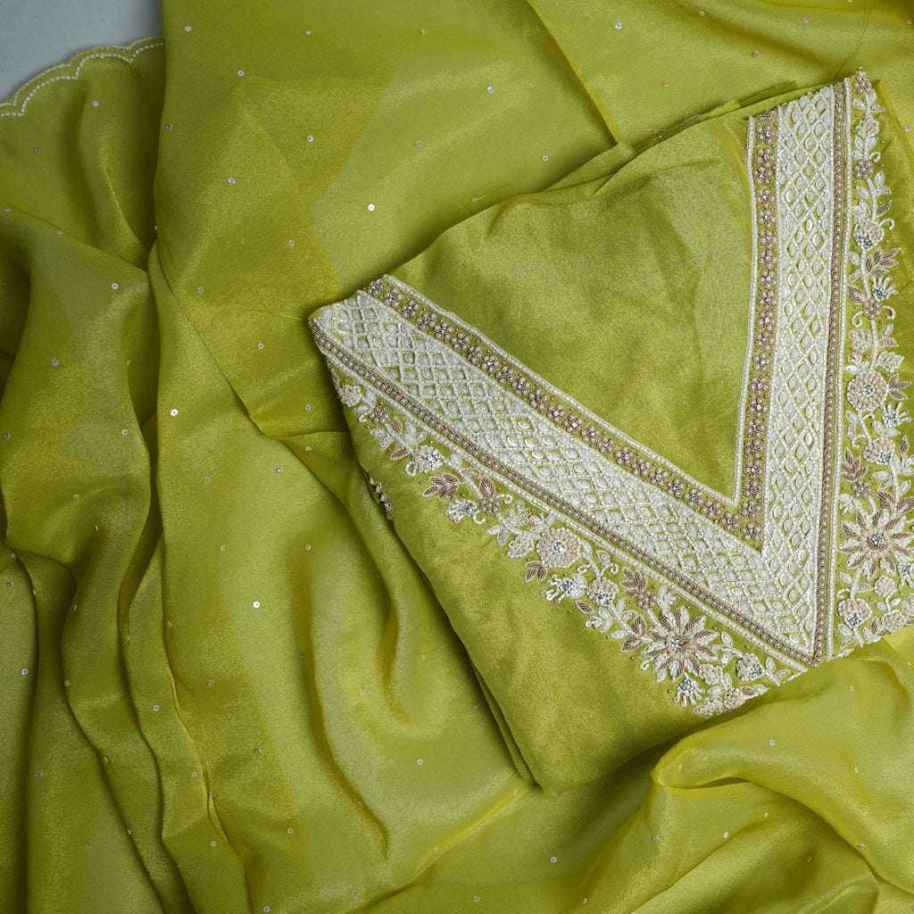 Designer Tissu Silk Suit Set in Pistachio Green with Opada Bottom