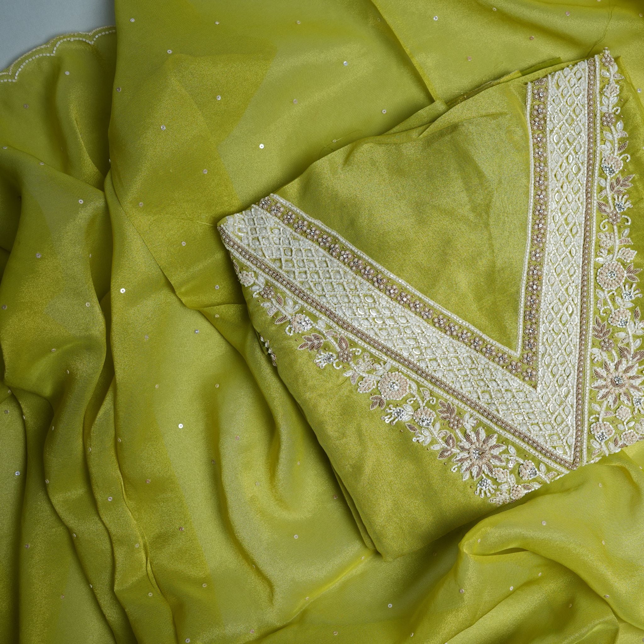 Designer Tissu Silk Suit Set in Pistachio Green with Opada Bottom