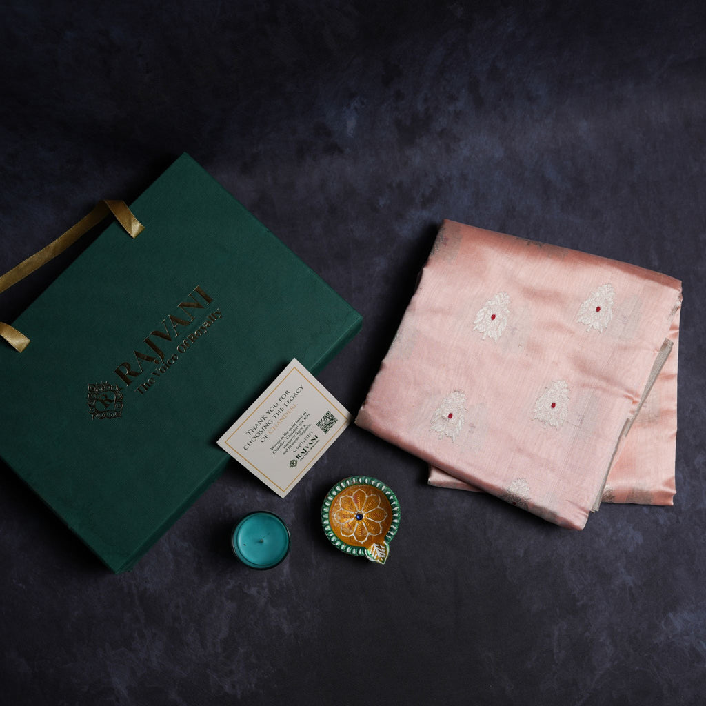 Blush Pink Pure Soft Silk Chanderi Handloom Saree with Silver Zari Booti & Grey Border