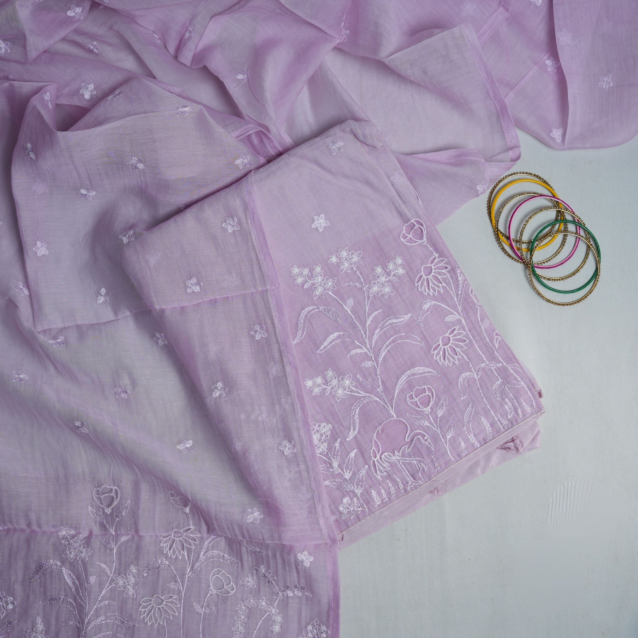 Baby Pink Mul Cotton 3-Piece Suit Set with White Floral & Flamingo Embroidery