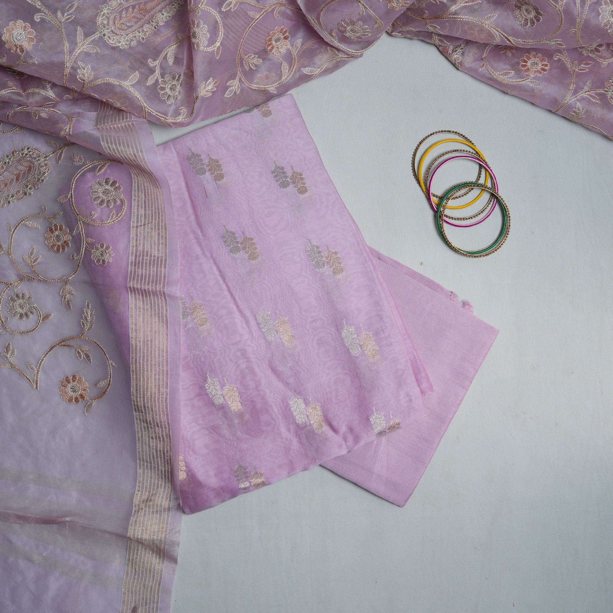 Premium Chanderi Three-Piece Suit with Embroidered Organza Dupatta