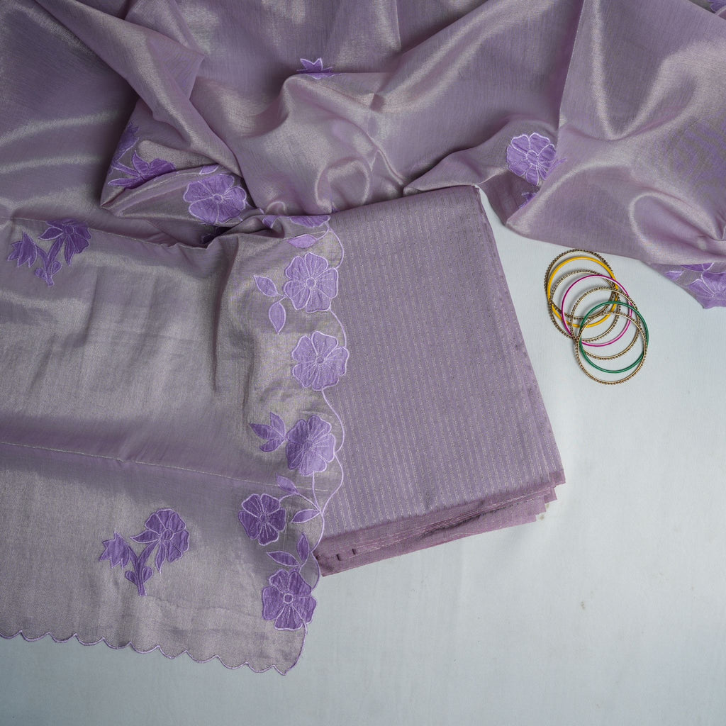 Lavender Tissue 3-Piece Suit Set with Floral Embroidery