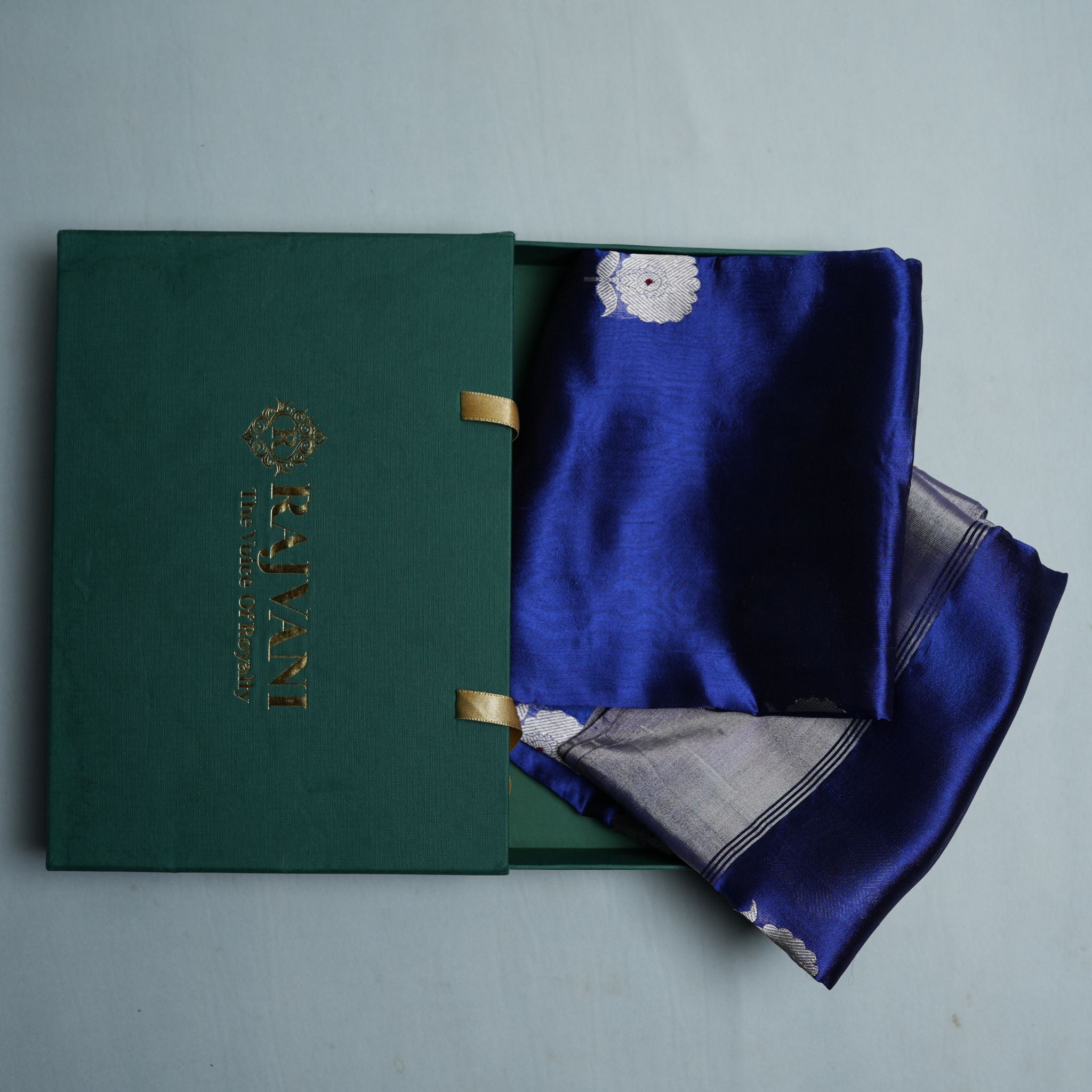 Royal Blue Pure Soft Silk Chanderi Handloom Saree with Silver Zari Booti & Grey Border
