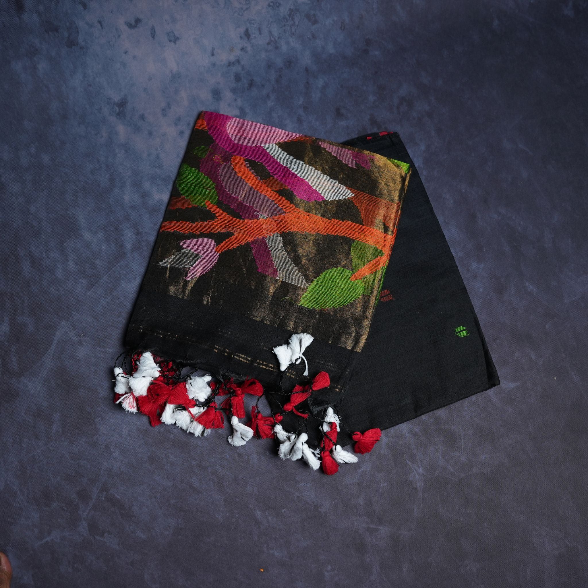 Muslin Jamdani Handwoven Suit Set with Multicolour Art Motifs & Tassel Dupatta (Black Base)