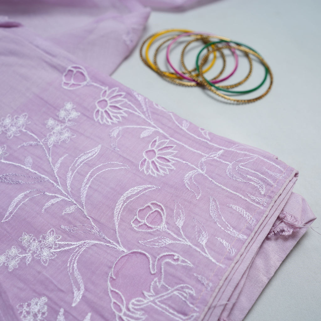 Baby Pink Mul Cotton 3-Piece Suit Set with White Floral & Flamingo Embroidery