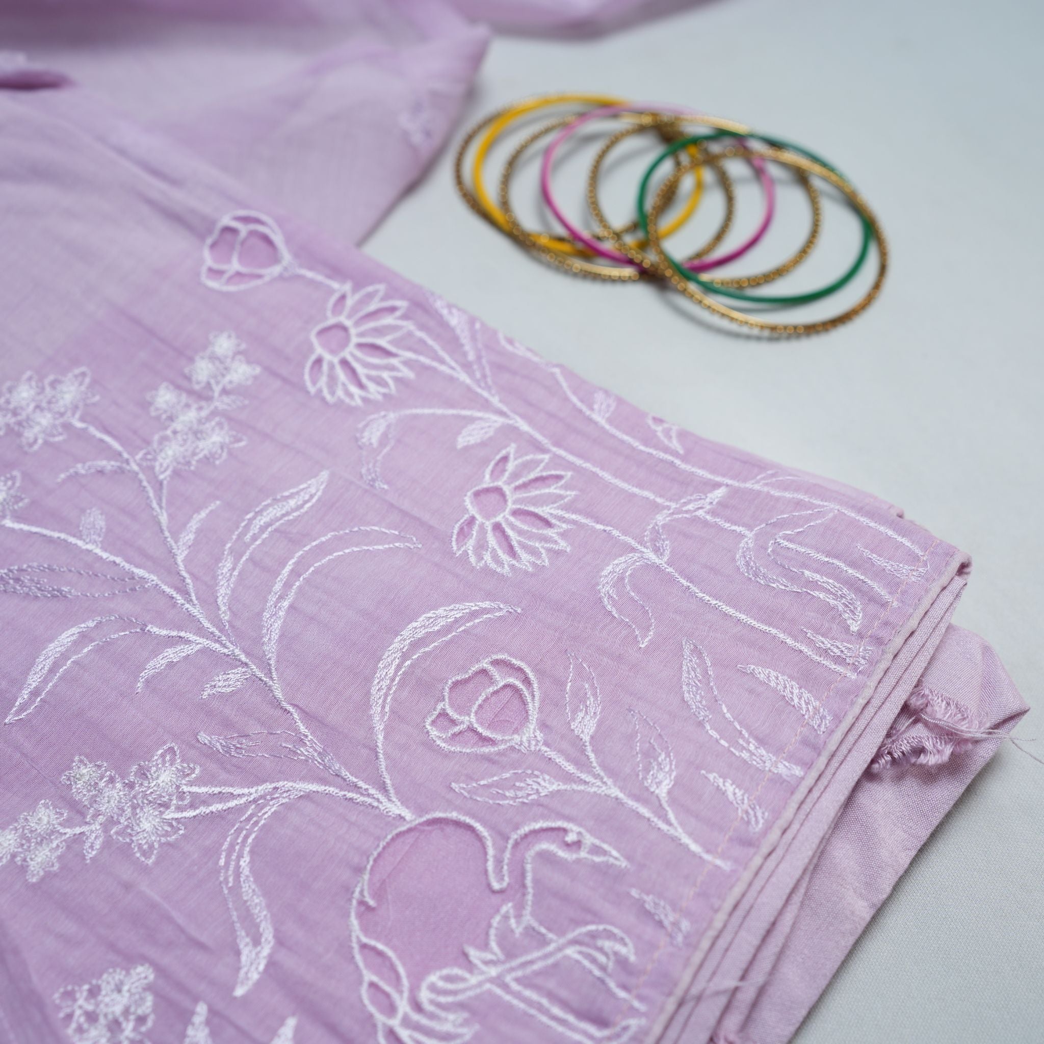 Baby Pink Mul Cotton 3-Piece Suit Set with White Floral & Flamingo Embroidery