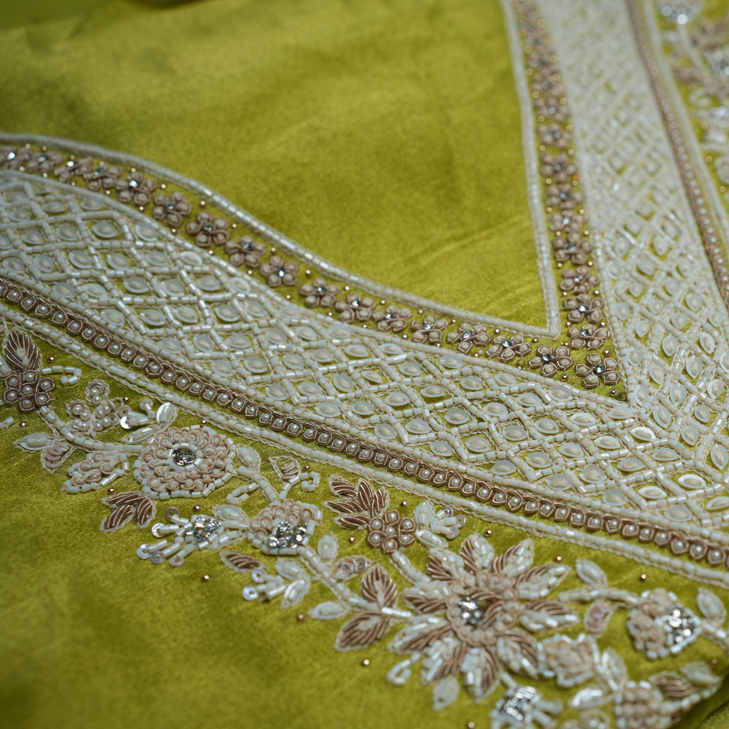 Designer Tissu Silk Suit Set in Pistachio Green with Opada Bottom