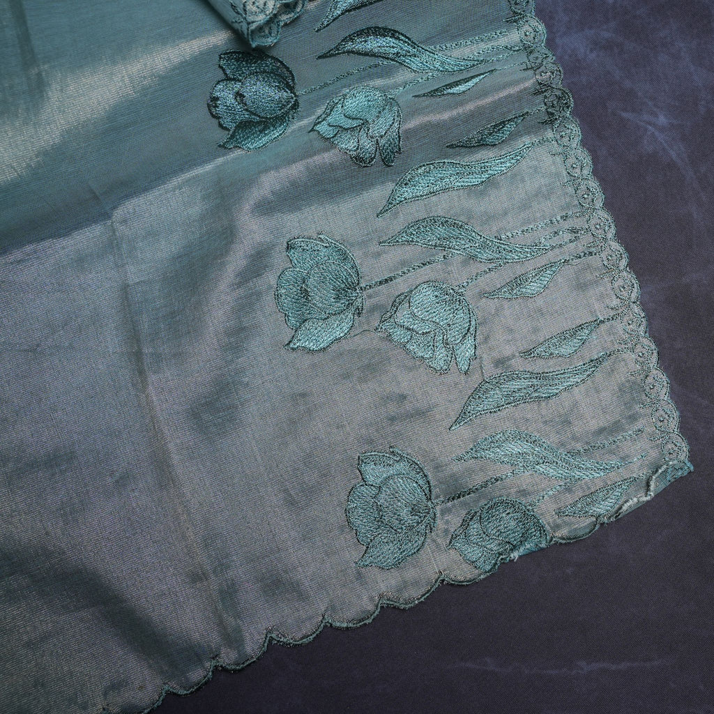 Premium Tissue Silk Embroidered 3-Piece Suit Set with Floral Thread Work (Pastel Aqua)