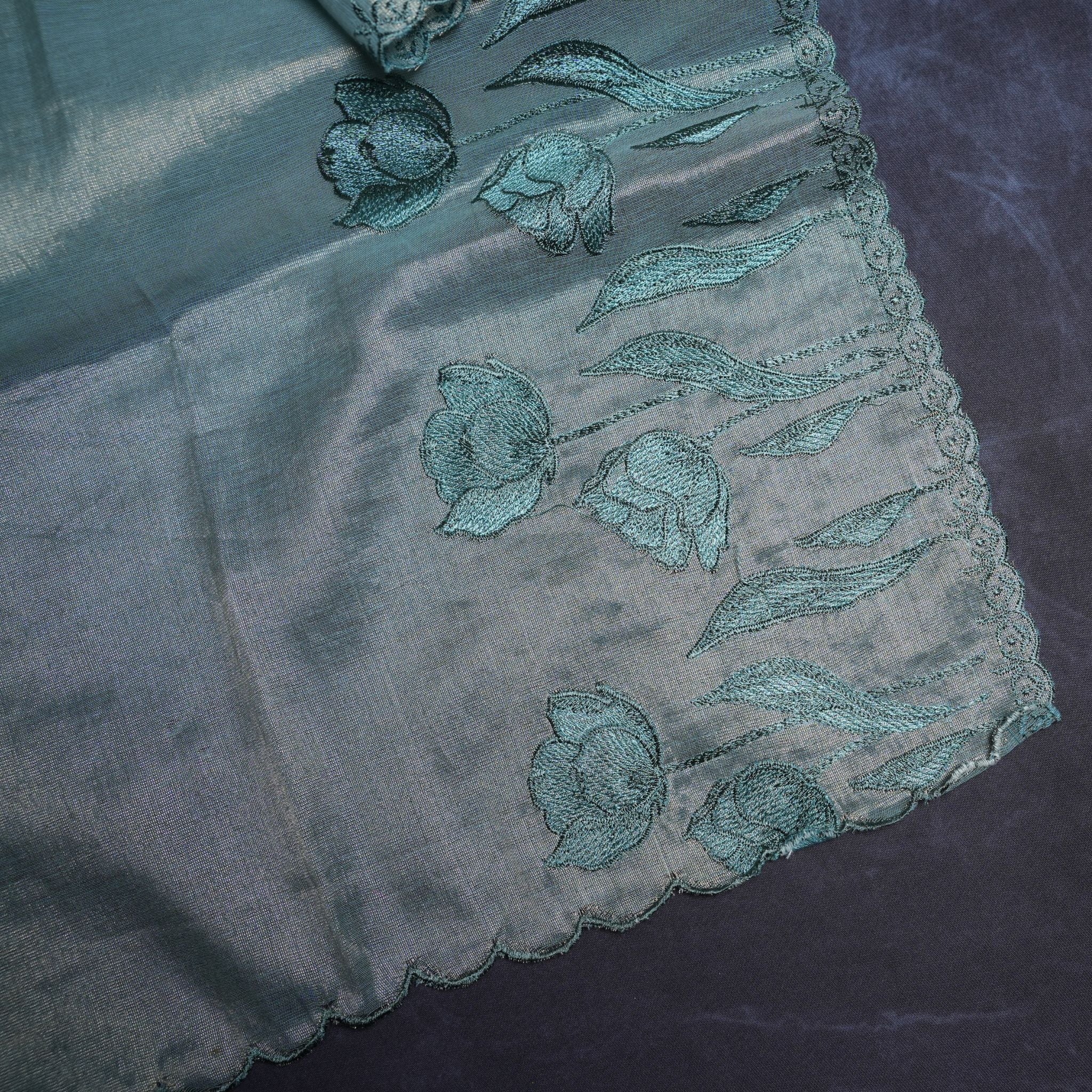 Premium Tissue Silk Embroidered 3-Piece Suit Set with Floral Thread Work (Pastel Aqua)