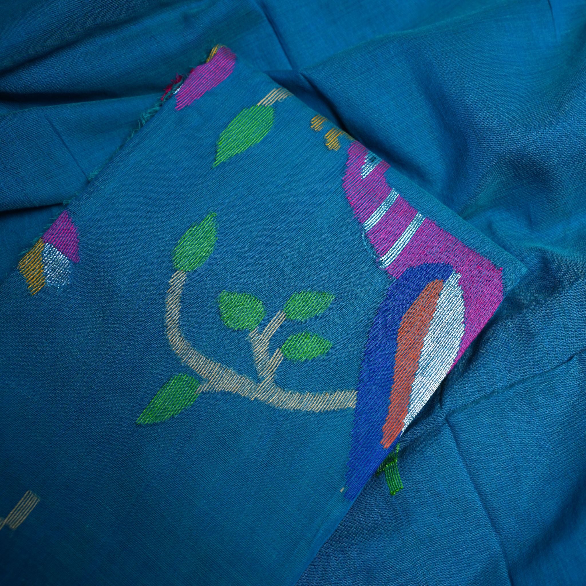 Cotton Handwoven Jamdani 2-Piece Suit Set with Multicolour Bird & Floral Motifs