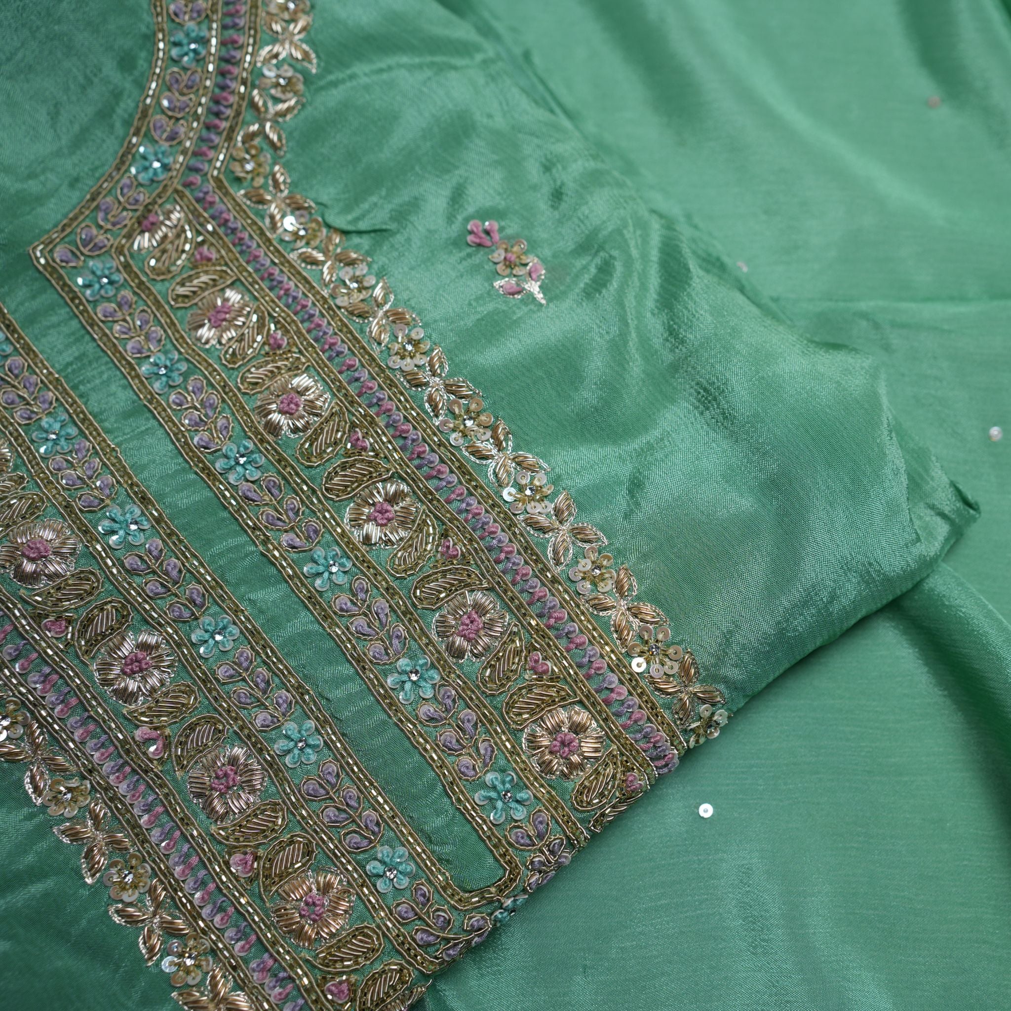 Designer Chinon 3-Piece Suit Set in Green with Hand Embroidered Neckline