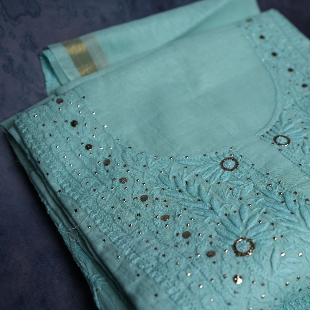 Lucknowi Chikankari Handwork Cotton Suit Set with Dupatta – Pastel Aqua Green