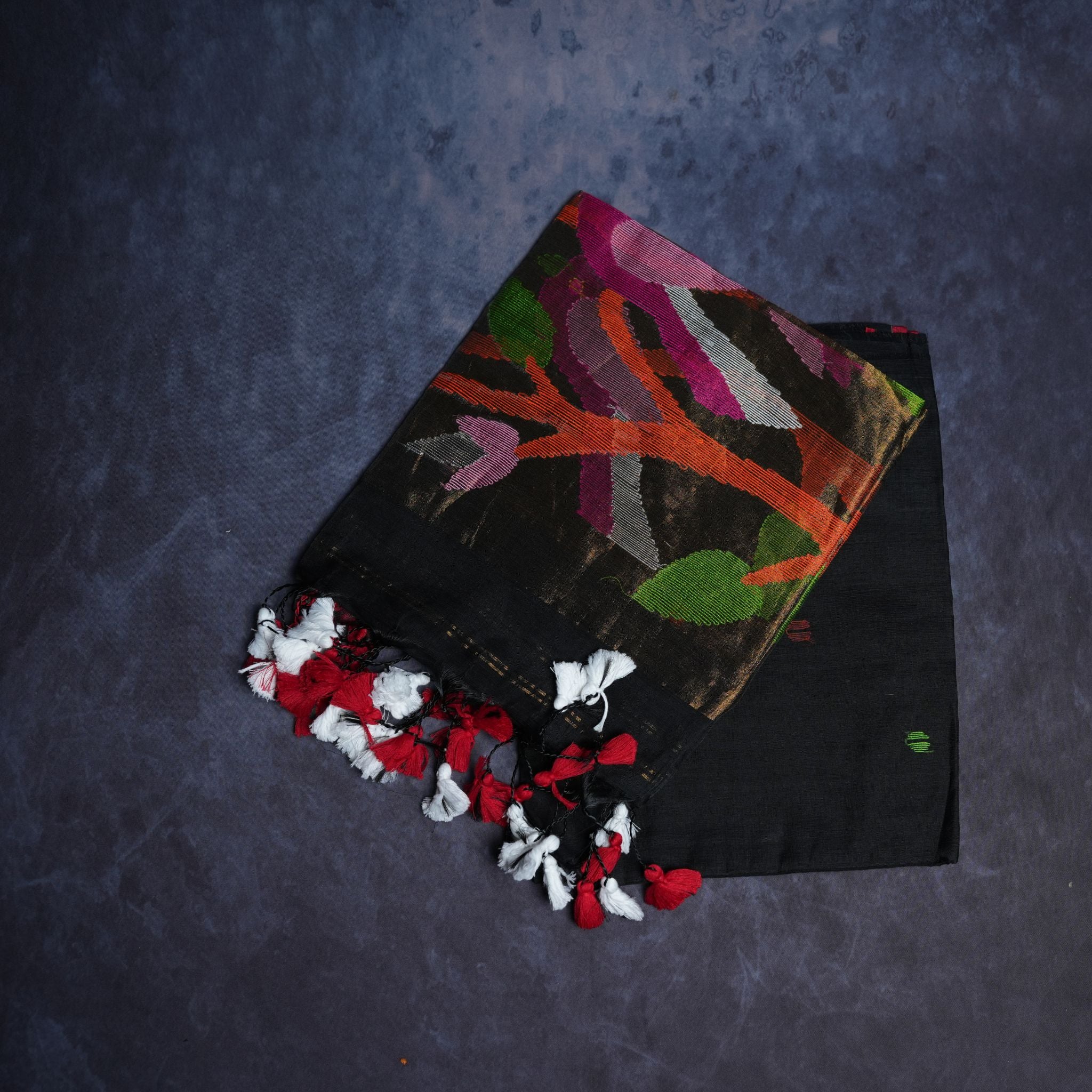 Muslin Jamdani Handwoven Suit Set with Multicolour Art Motifs & Tassel Dupatta (Black Base)