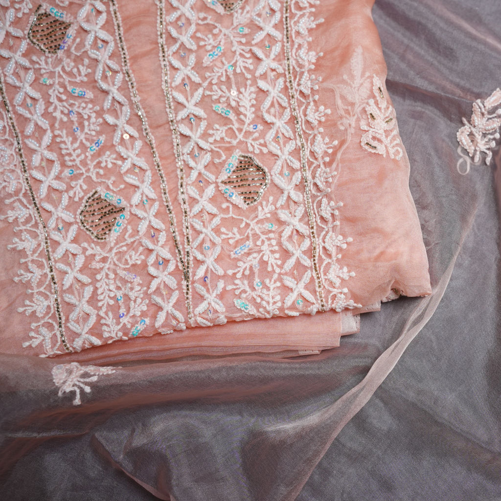 Premium Organza Lucknowi Chikankari Hand-Embroidered Suit Set (Peach Pastel)