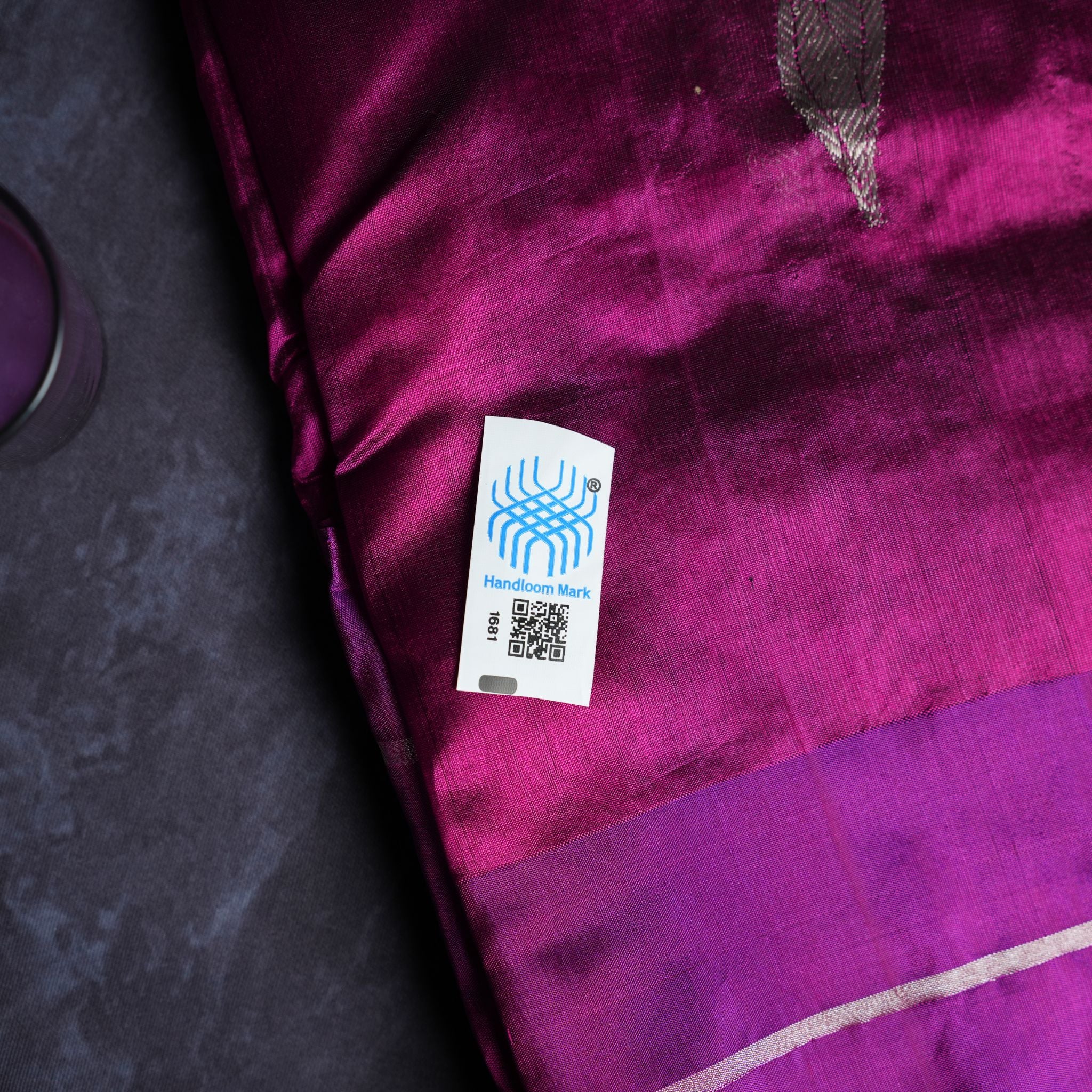 Wine Magenta Pure Soft Silk Chanderi Handloom Saree with Blue Zari Motifs & Purple Contrast Border