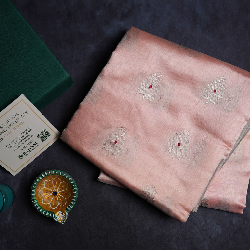 Blush Pink Pure Soft Silk Chanderi Handloom Saree with Silver Zari Booti & Grey Border