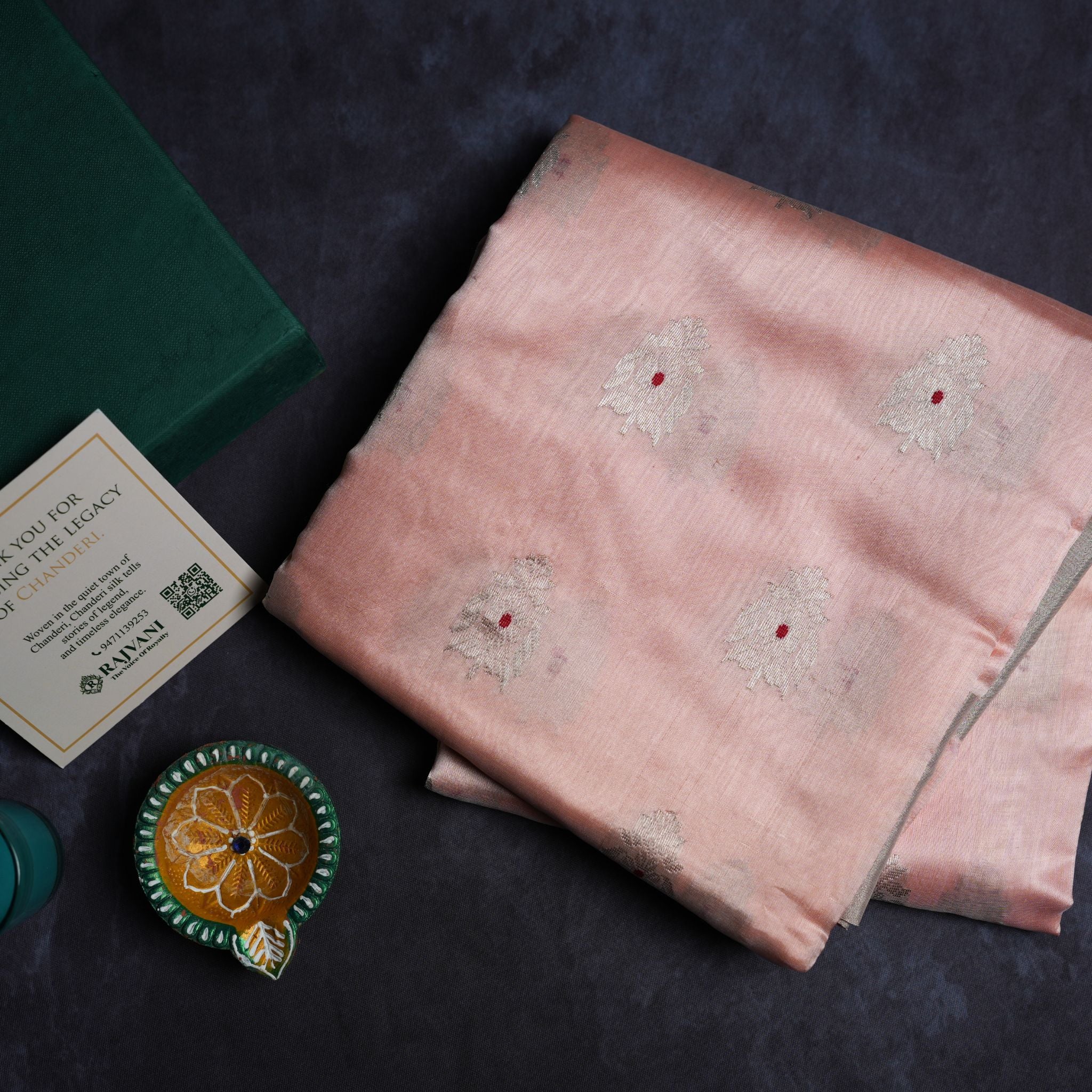 Blush Pink Pure Soft Silk Chanderi Handloom Saree with Silver Zari Booti & Grey Border