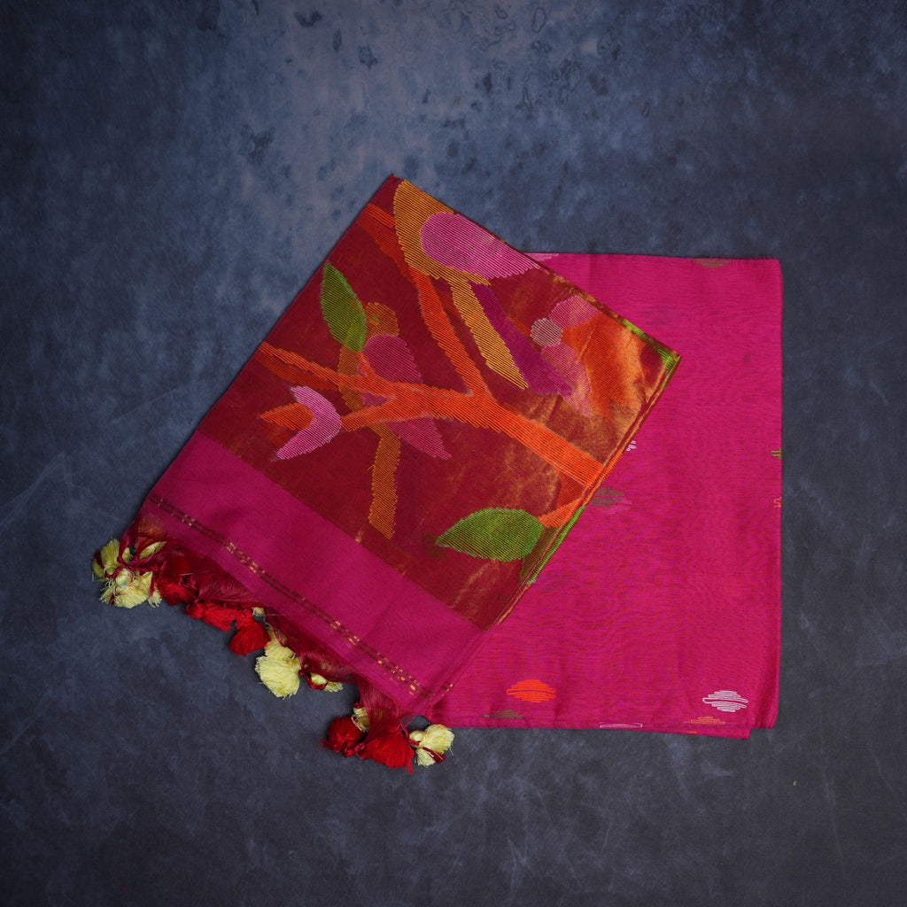 Muslin Jamdani Handwoven Suit Set with Multicolour Artistic Motifs & Tassel Dupatta (Pink Base)