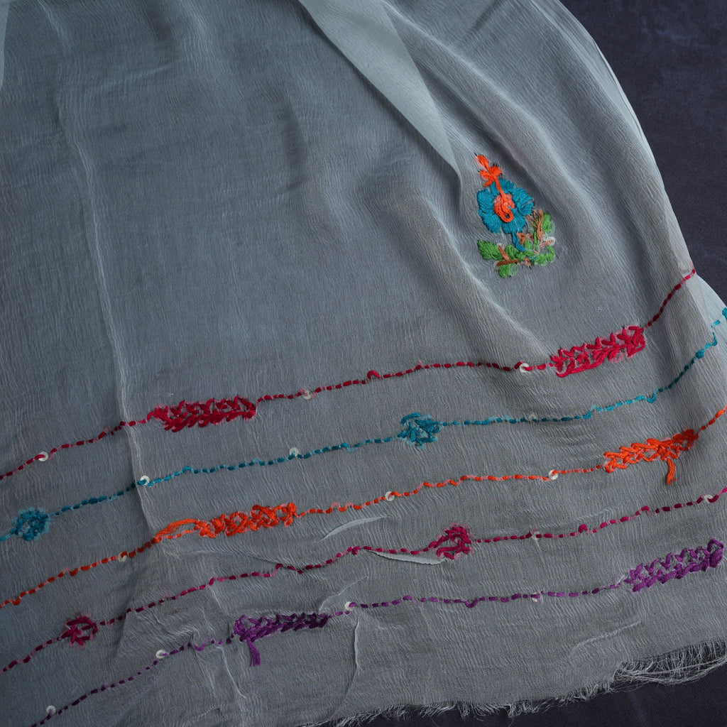 White Chinon 3-Piece Suit Set with Heavy Multicolor Thread Embroidery