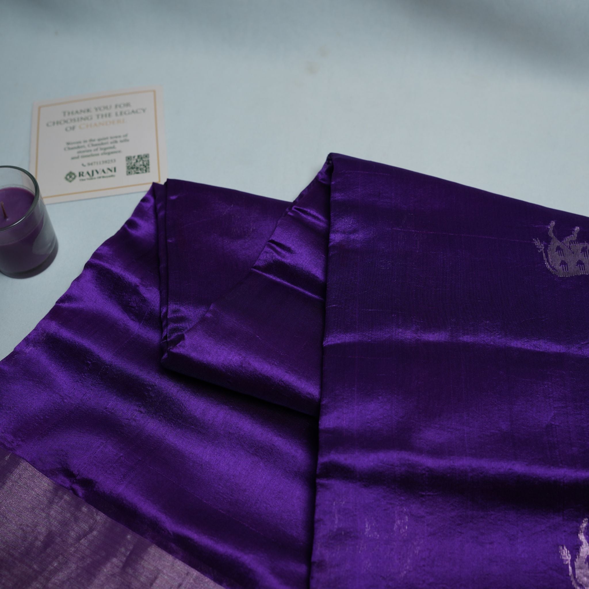 Royal Purple Pure Soft Silk Chanderi Handloom Saree with Traditional Animal Booti & Silver Border