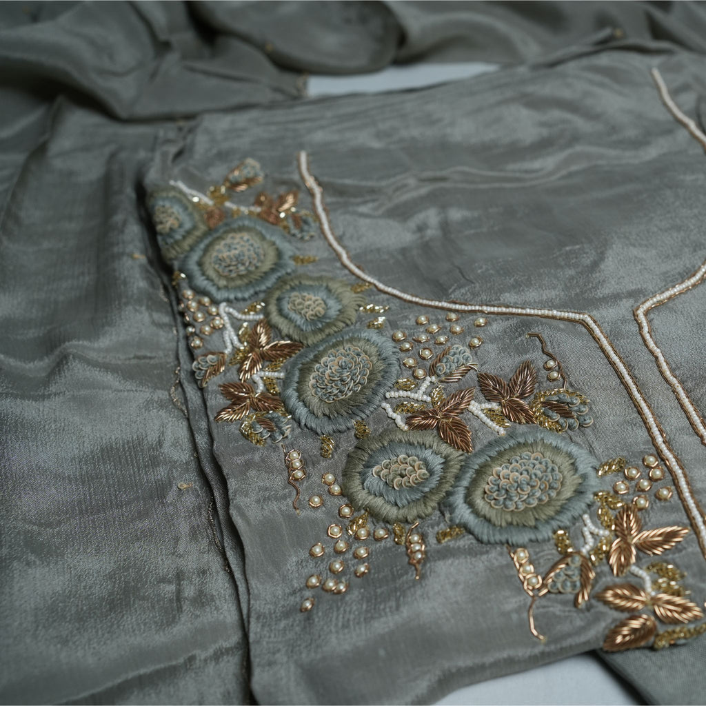 Elegant Sage Grey Chinon 3-Piece Suit Set with Taffeta Bottom