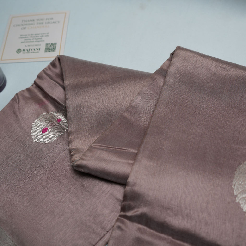 Smokey Mauve Pure Soft Silk Chanderi Handloom Saree with Silver Zari Booti & Contrast Border