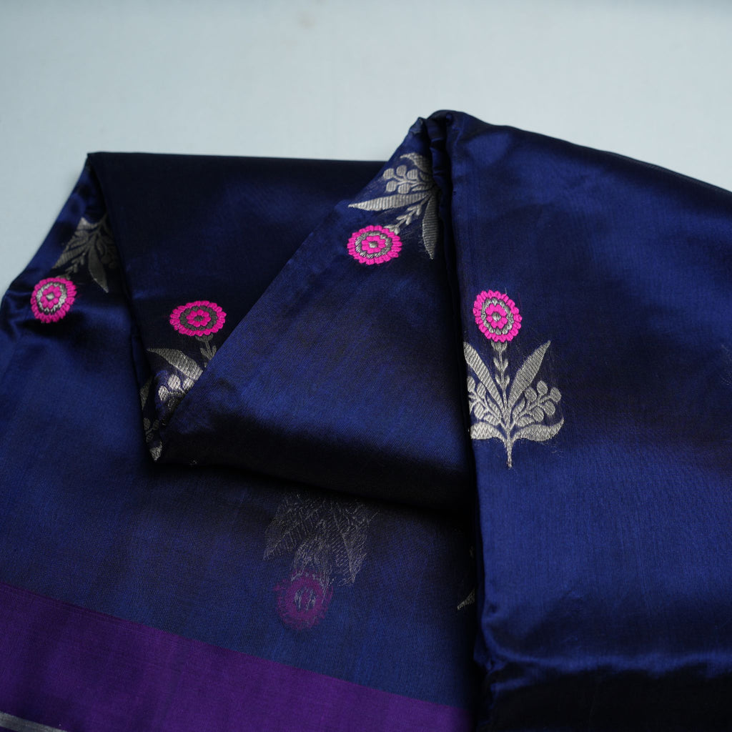 Navy Blue Pure Soft Silk Chanderi Handloom Saree with Silver Zari Floral Booti & Royal Purple Border