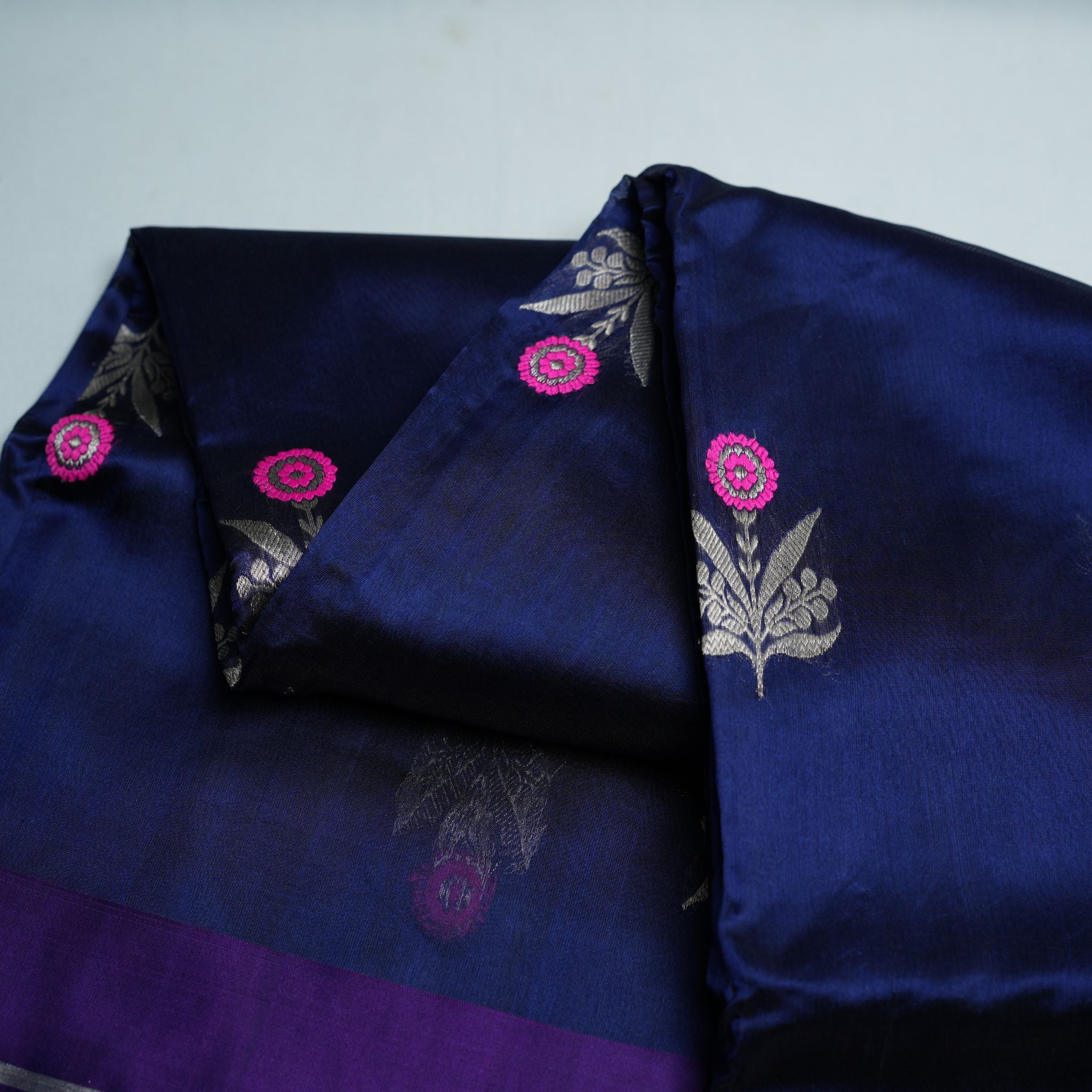 Navy Blue Pure Soft Silk Chanderi Handloom Saree with Silver Zari Floral Booti & Royal Purple Border