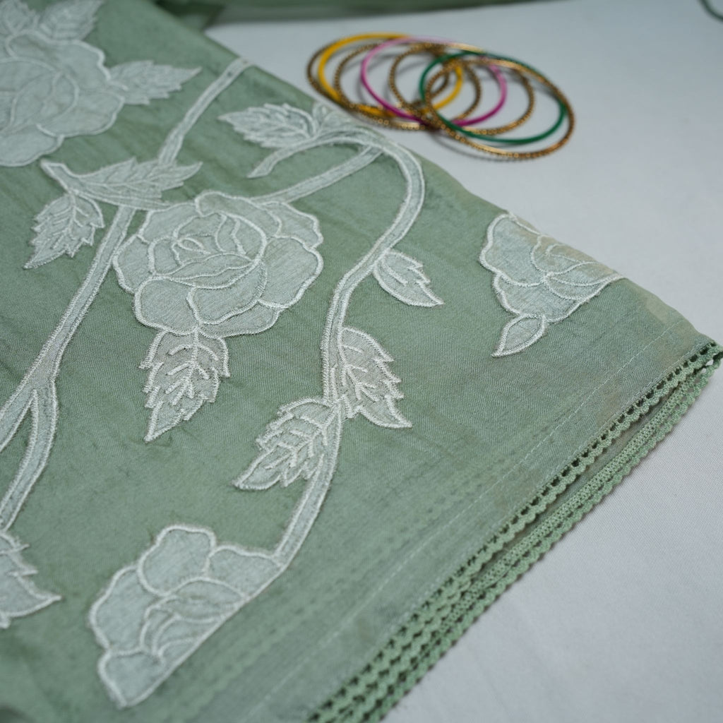 Pastel Green Rose Embroidered Organza Suit Set