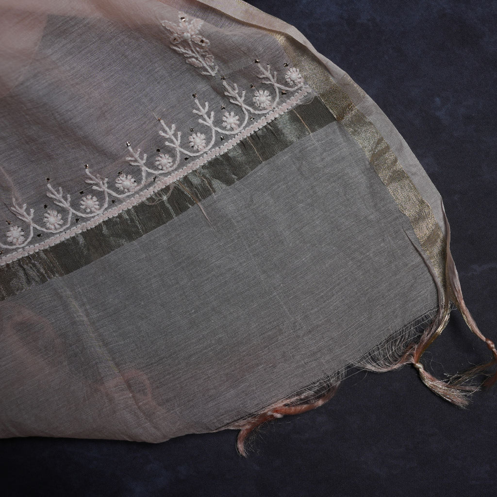 Pastel Peach Lucknowi Chikankari Handwork 3-Piece Suit Set with Mirror & Thread Embroidery