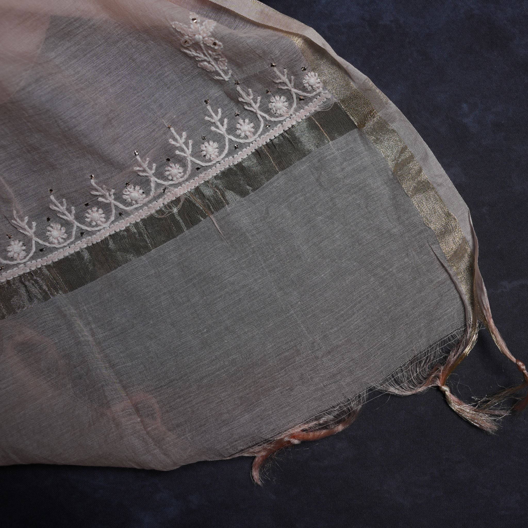 Pastel Peach Lucknowi Chikankari Handwork 3-Piece Suit Set with Mirror & Thread Embroidery