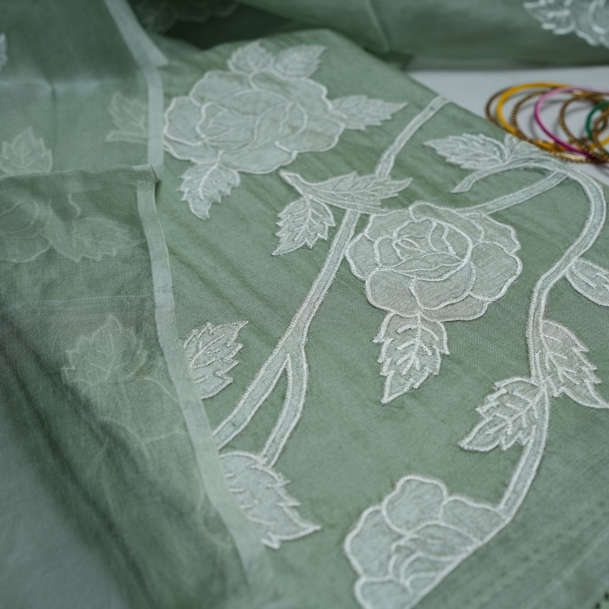 Pastel Green Rose Embroidered Organza Suit Set
