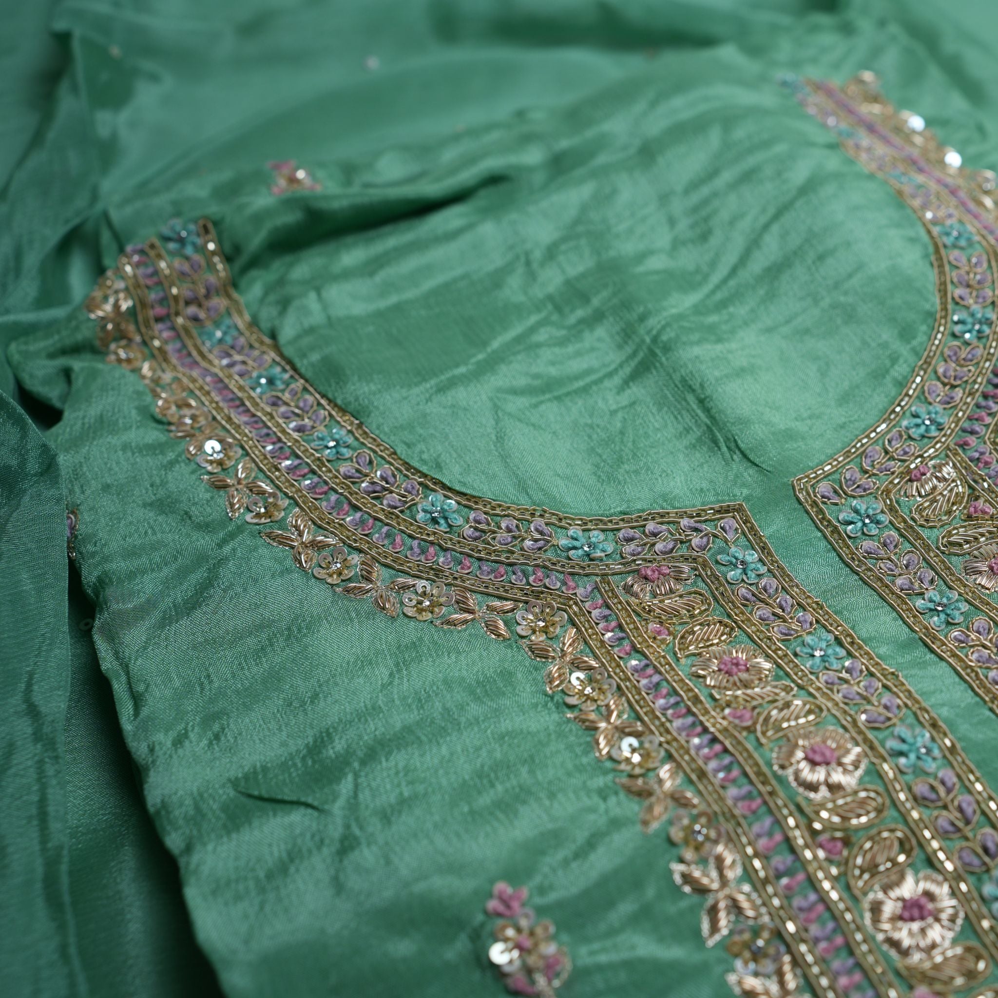 Designer Chinon 3-Piece Suit Set in Green with Hand Embroidered Neckline